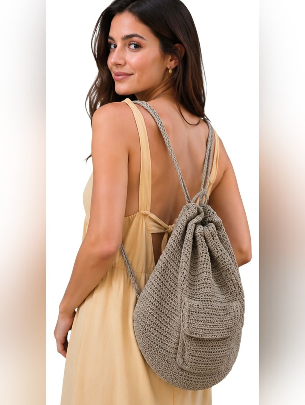 The Sak Crochet Drawstring Backpack Taupe Boho Woven Shoulder Bag